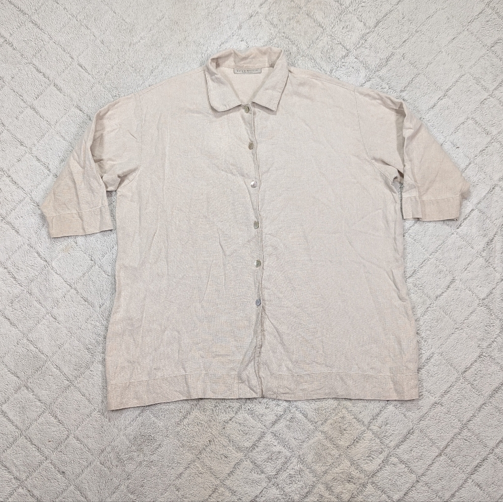 Bryn Walker Tunic Shirt Womens M Beige Tan Button Up Linen Oversized Lagenlook
